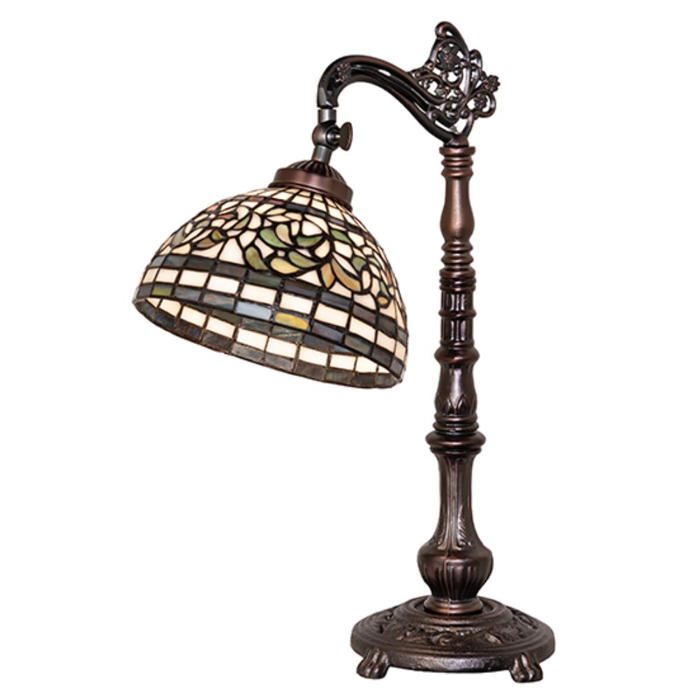 Meyda Lighting 244789 20" High Tiffany Turning Leaf Bridge Arm Table Lamp in Mahogany Bronze