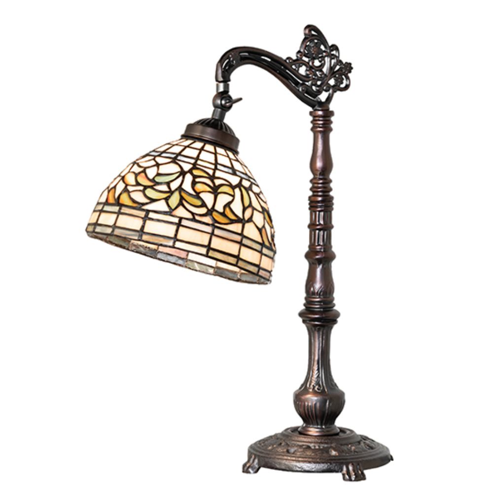 Meyda Lighting 244792 20" High Tiffany Turning Leaf Bridge Arm Table Lamp in Mahogany Bronze