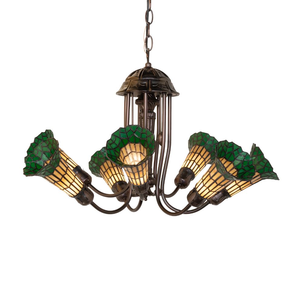 Meyda Lighting 251590 24" Wide Stained Glass Pond Lily 7 Light Chandelier in Mahogany Bronze