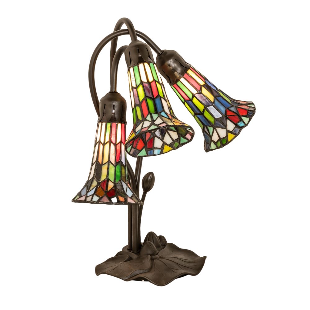 Meyda Lighting 251692 16" High Stained Glass Pond Lily 3 Light Accent Lamp in Mahogany Bronze