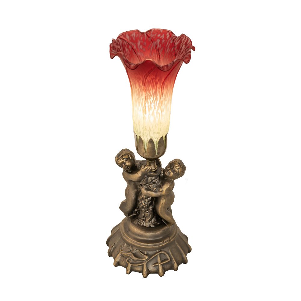 Meyda Lighting 251838 13" High Seafoam/Cranberry Pond Lily Twin Cherub Mini Lamp