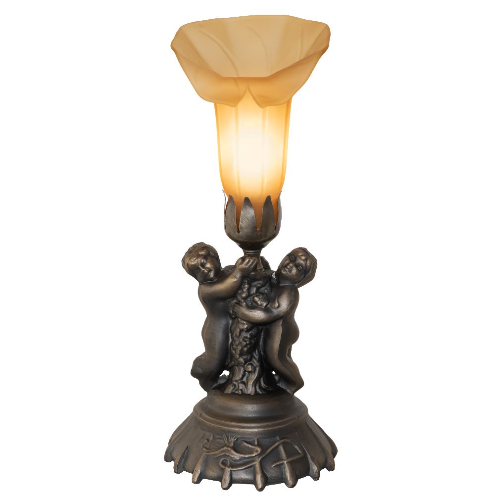 Meyda Lighting 251839 13" High Amber Tiffany Pond Lily Twin Cherub Accent Lamp in Antique Brass