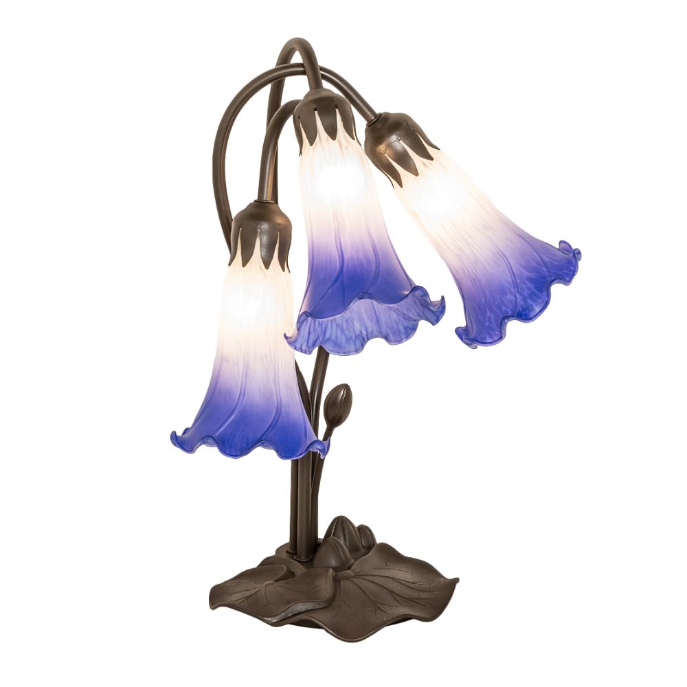 Meyda Lighting 251859 16" High Blue/White Pond Lily Tiffany Pond Lily 3 Light Accent Lamp in Mahogany Bronze
