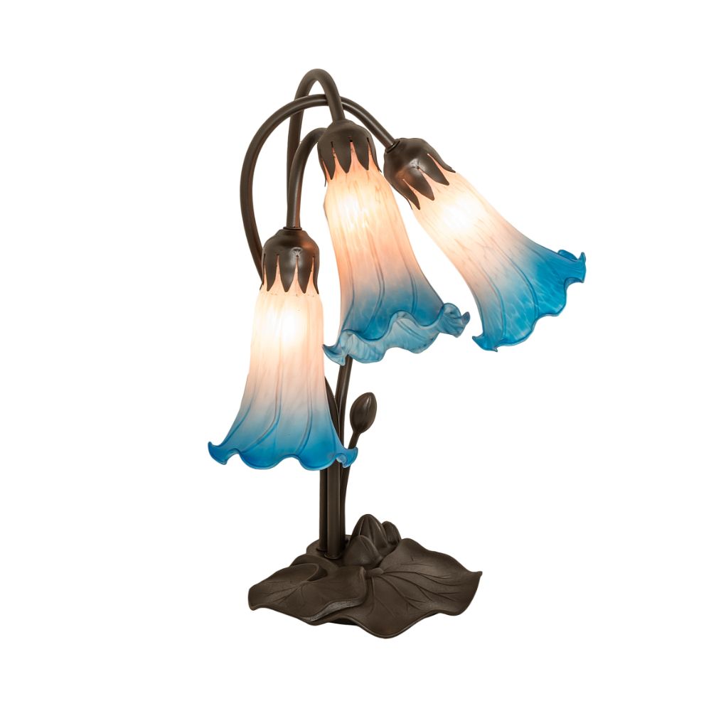 Meyda Lighting 254157 16" High Pink/Blue Tiffany Pond Lily 3 Light Accent Lamp in Mahogany Bronze