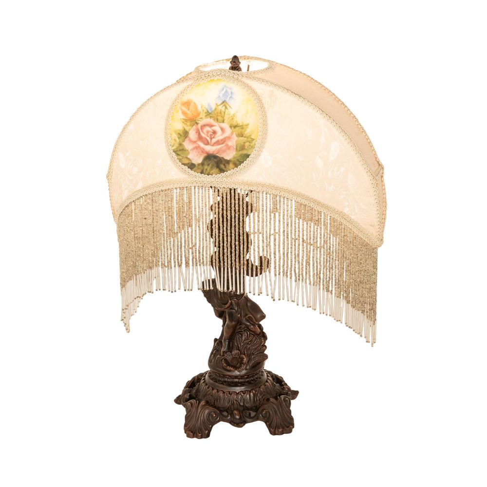 Meyda Lighting 254237 23" High Reverse Painted Roses Fabric with Fringe Table Lamp in Antique Finish;mahogany Bronze