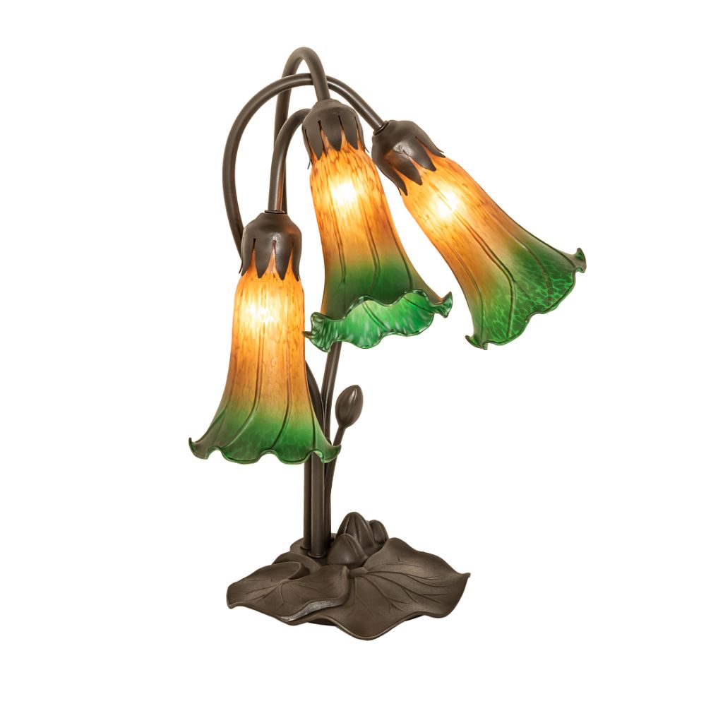 Meyda Lighting 254243 16" High Amber/Green Tiffany Pond Lily 3 Light Accent Lamp in Mahogany Bronze