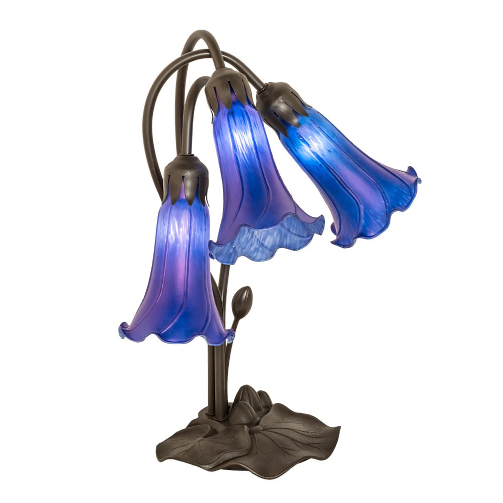 Meyda Lighting 254291 16" High Blue Tiffany Pond Lily 3 Light Accent Lamp in Mahogany Bronze