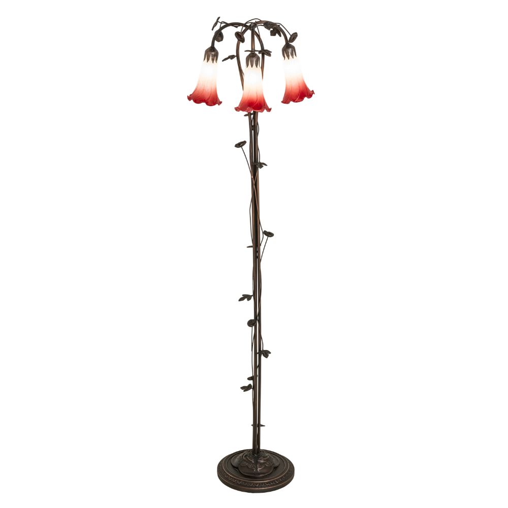 Meyda Lighting 255131 58" High Pink/White Tiffany Pond Lily 3 Light Floor Lamp in Mahogany Bronze
