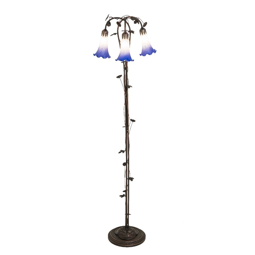 Meyda Lighting 255142 58" High Blue/White Pond Lily 3 Light Floor Lamp in Mahogany Bronze