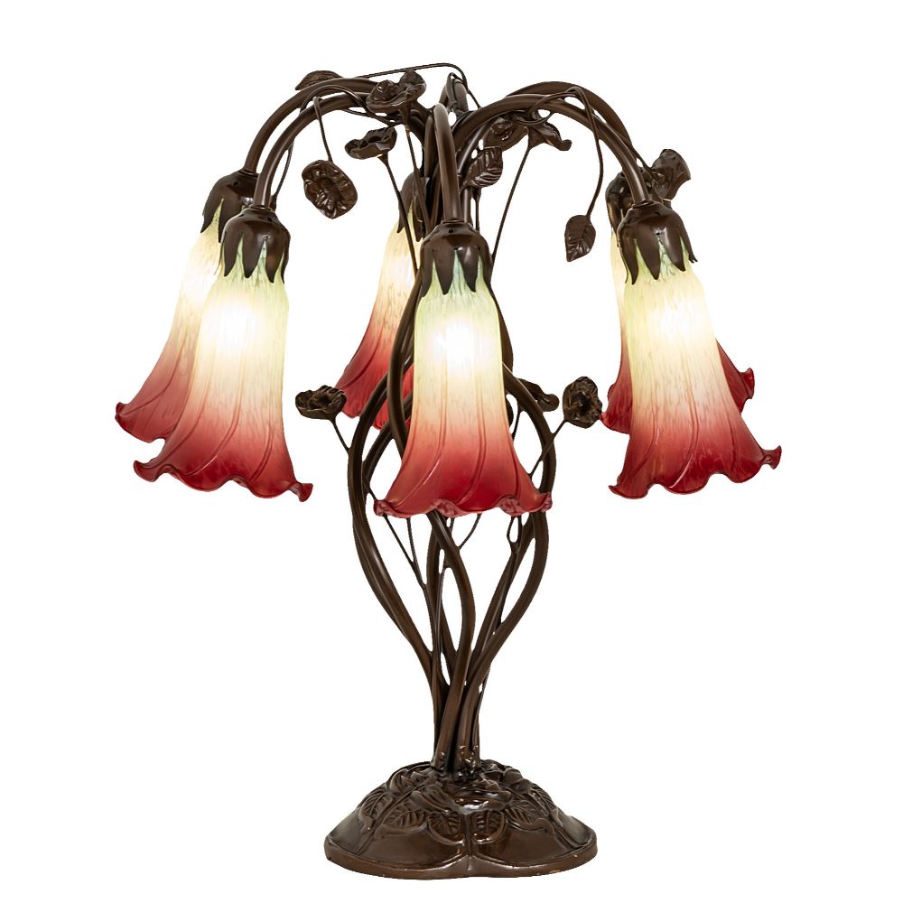 Meyda Lighting 255799 18" High Seafoam/Cranberry Tiffany Pond Lily 6 Light Table Lamp in Mahogany Bronze