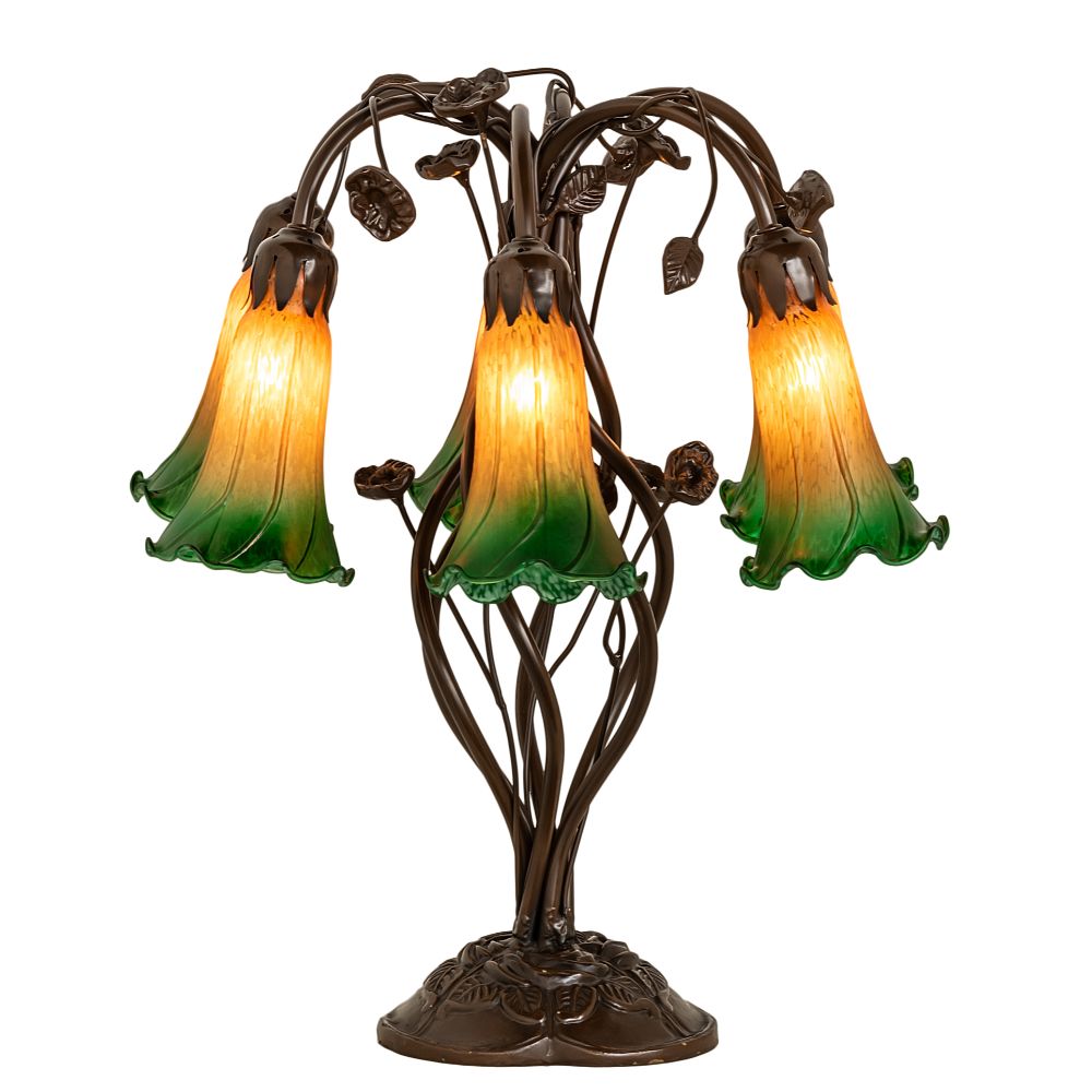 Meyda Lighting 255800 18" High Amber/Green Tiffany Pond Lily 6 Light Table Lamp in Mahogany Bronze
