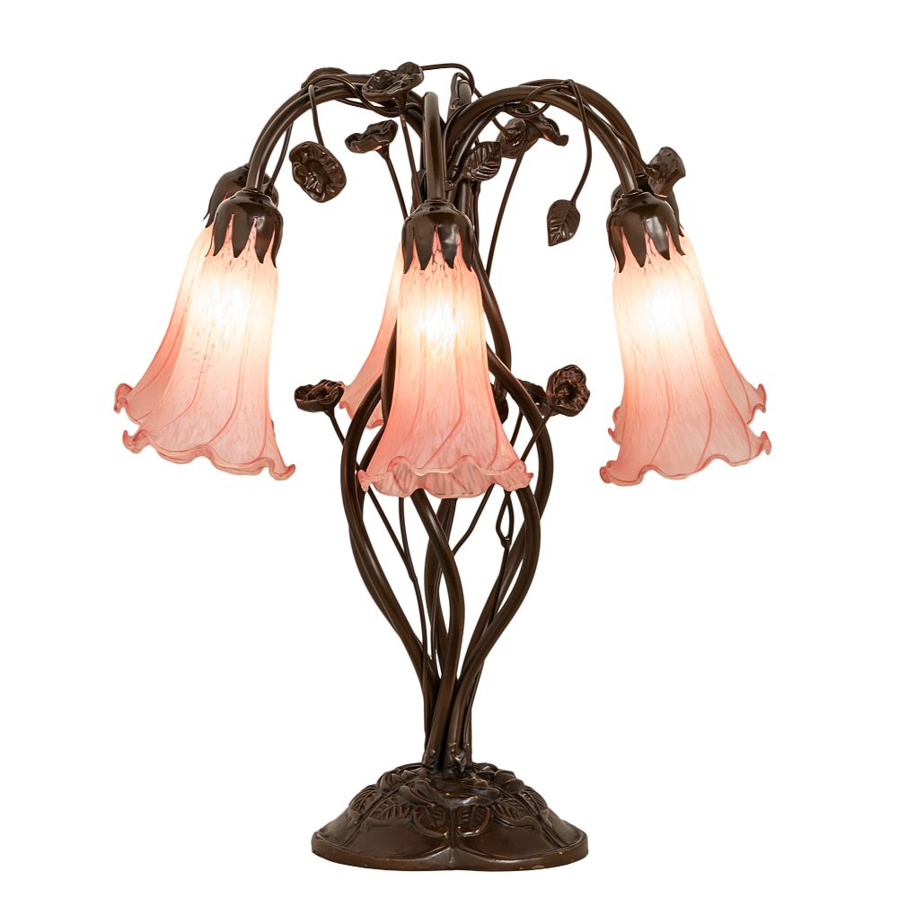 Meyda Lighting 255804 18" High Pink Tiffany Pond Lily 6 Light Table Lamp in Mahogany Bronze