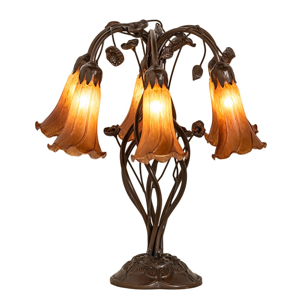 Meyda Lighting 255805 18" High Amber Tiffany Pond Lily 6 Light Table Lamp in Mahogany Bronze