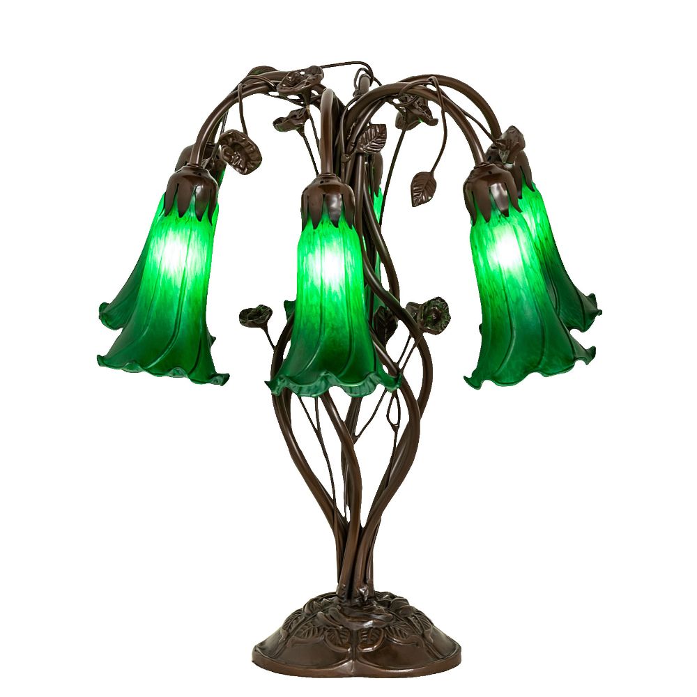 Meyda Lighting 255806 18" High Green Tiffany Pond Lily 6 Light Table Lamp in Mahogany Bronze
