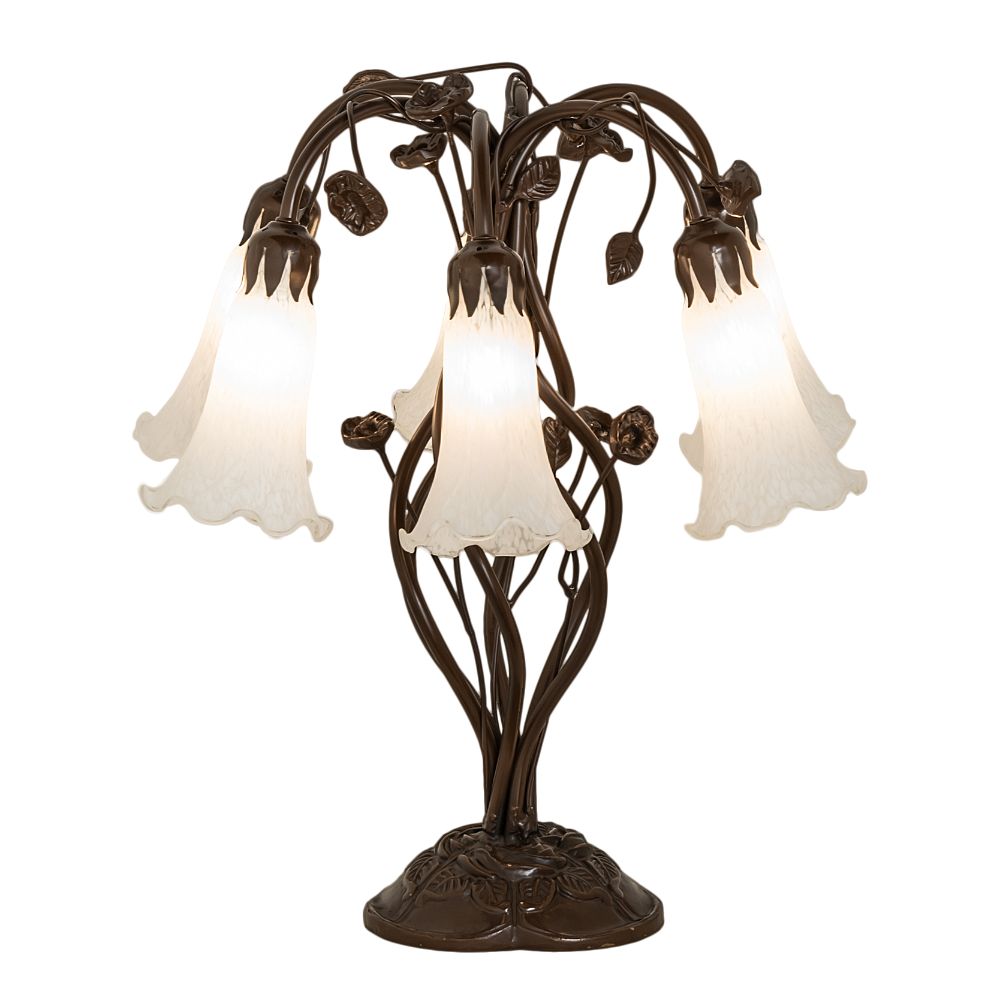 Meyda Lighting 255807 18" High White Tiffany Pond Lily 6 Light Table Lamp in Mahogany Bronze