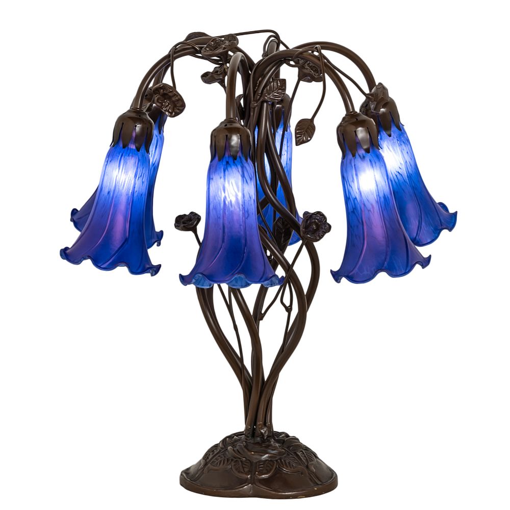 Meyda Lighting 255808 18" High Blue Tiffany Pond Lily 6 Light Table Lamp in Mahogany Bronze