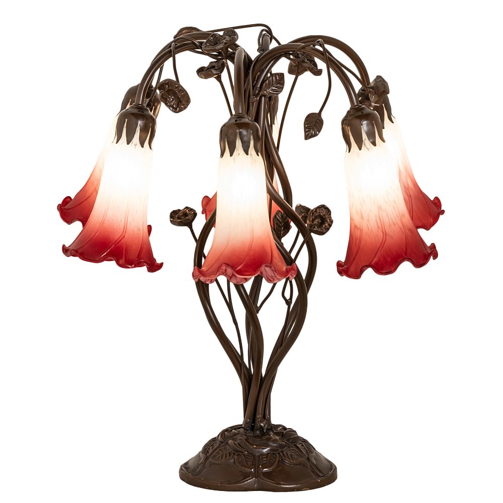 Meyda Lighting 255809 18" High Red/White Tiffany Pond Lily 6 Light Table Lamp in Mahogany Bronze