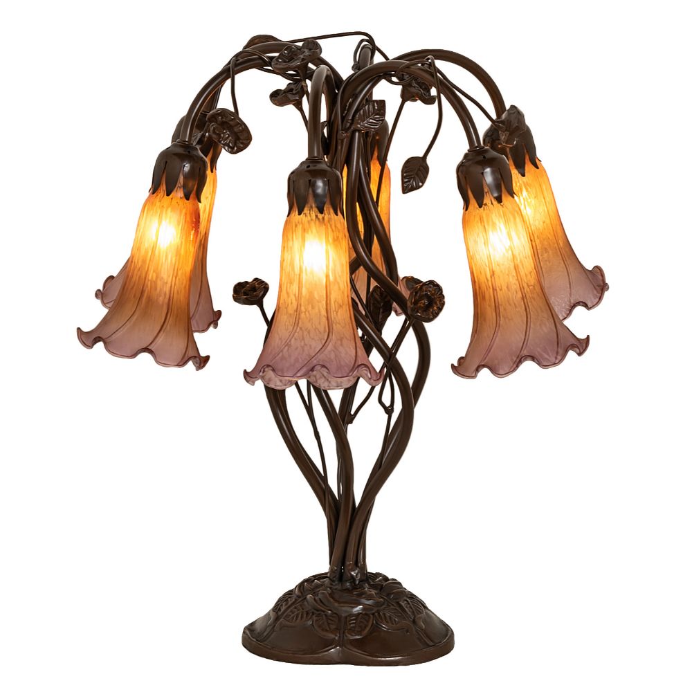 Meyda Lighting 255810 18" High Amber/Purple Tiffany Pond Lily 6 Light Table Lamp in Mahogany Bronze
