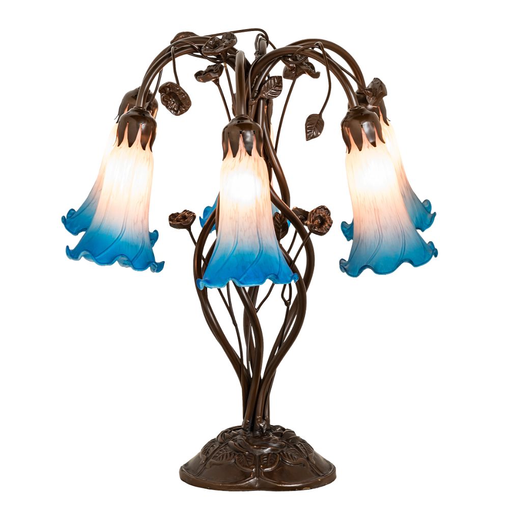 Meyda Lighting 255811 18" High Pink/Blue Tiffany Pond Lily 6 Light Table Lamp in Mahogany Bronze