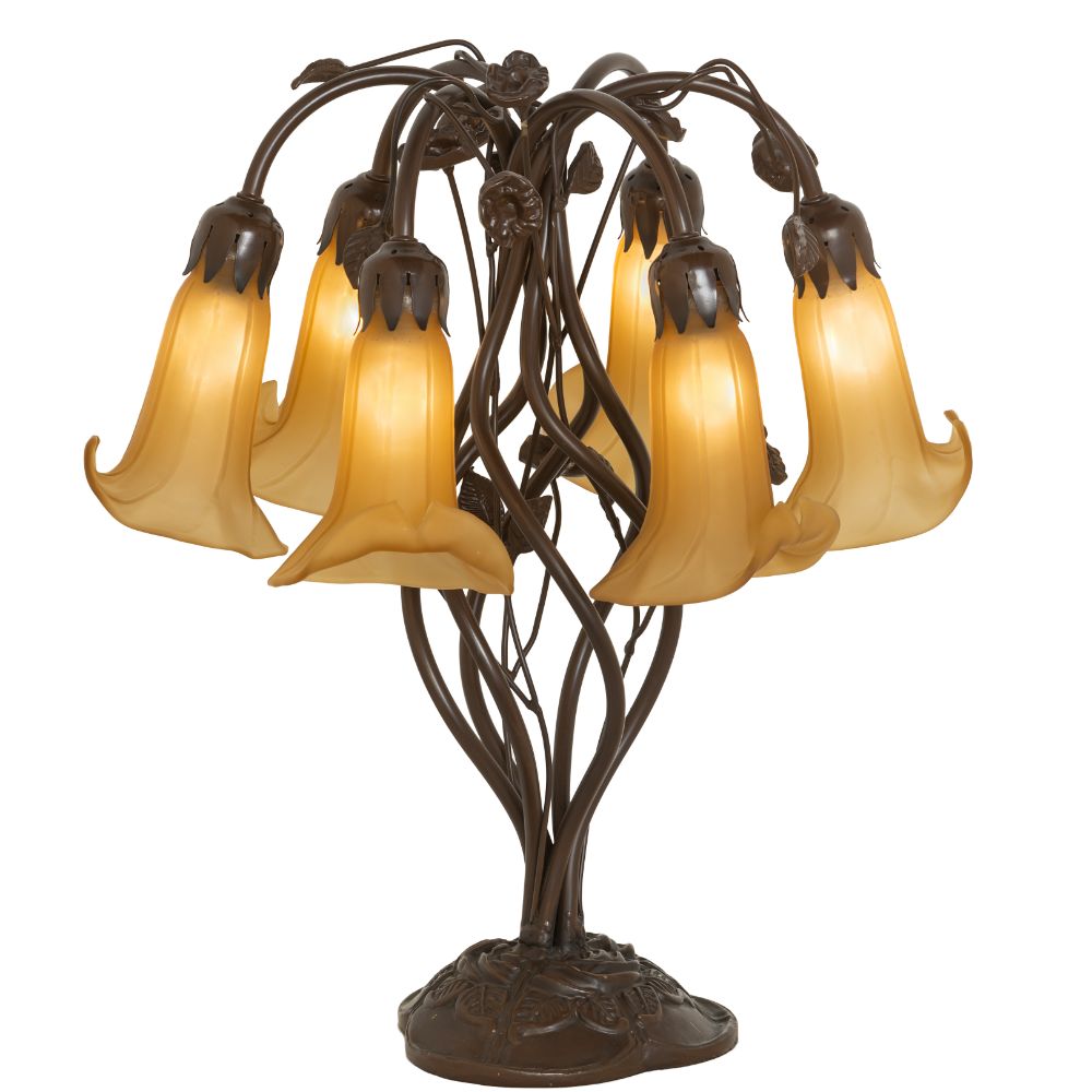 Meyda Lighting 255814 19" High Amber Tiffany Pond Lily 6 Light Table Lamp in Mahogany Bronze