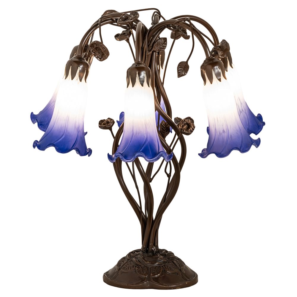 Meyda Lighting 255820 18" High Blue/White Pond Lily 6 Light Table Lamp in Mahogany Bronze