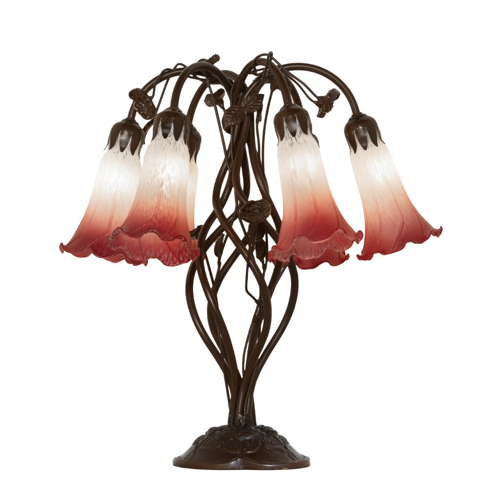 Meyda Lighting 258946 19" High Pink/White Tiffany Pond Lily 6 Light Table Lamp in Mahogany Bronze