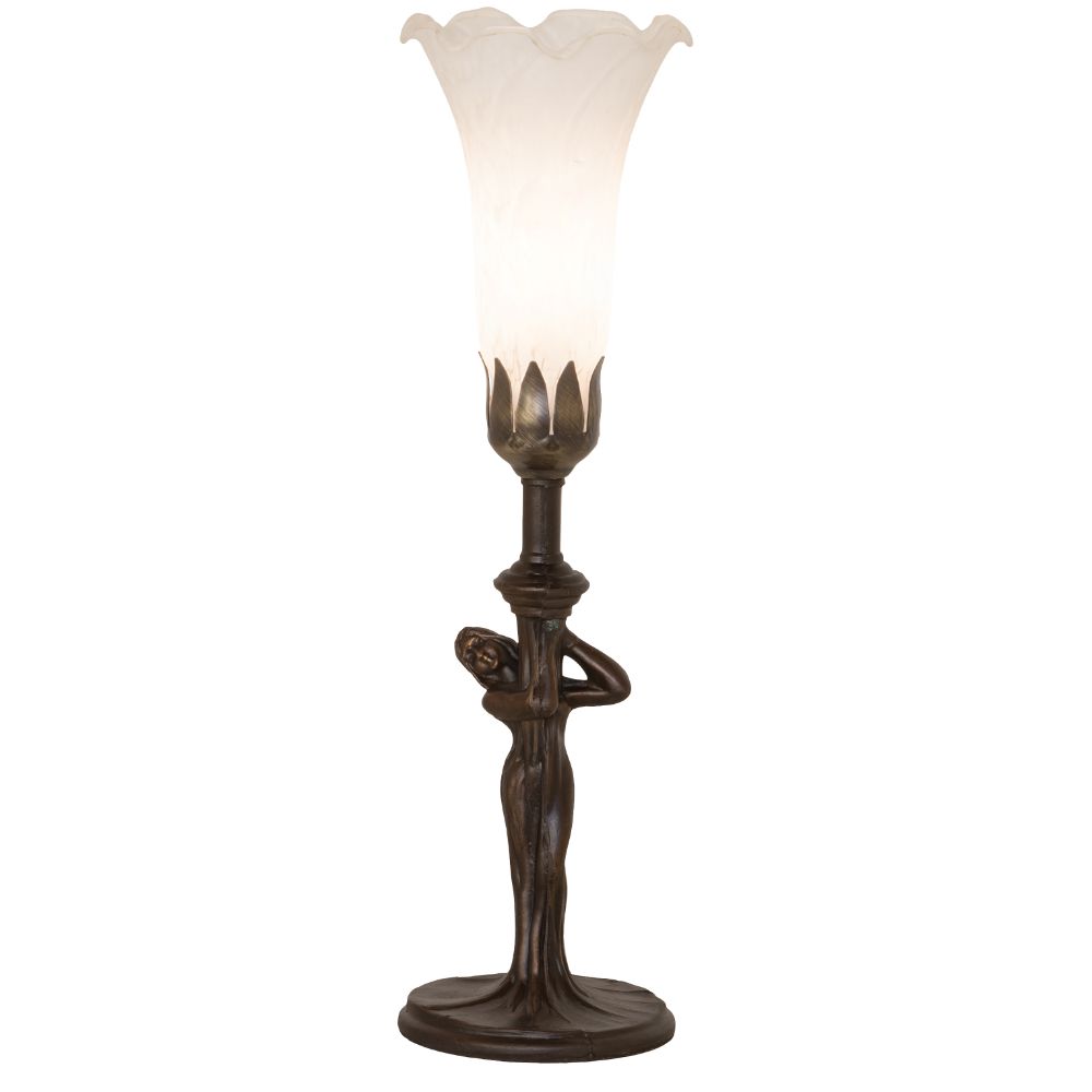 Meyda Lighting 259386 15" High White Tiffany Pond Lily Nouveau Lady Accent Lamp in Mahogany Bronze
