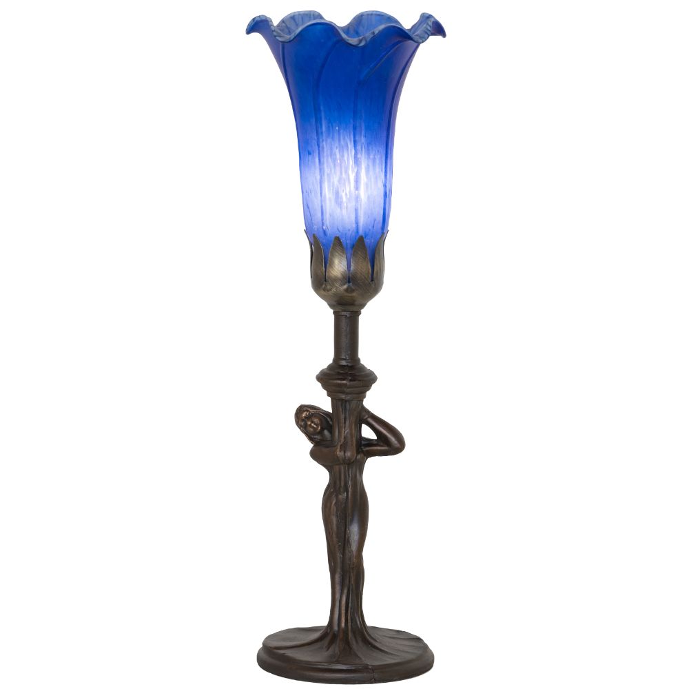 Meyda Lighting 259387 15" High Blue Tiffany Pond Lily Nouveau Lady Accent Lamp in Mahogany Bronze