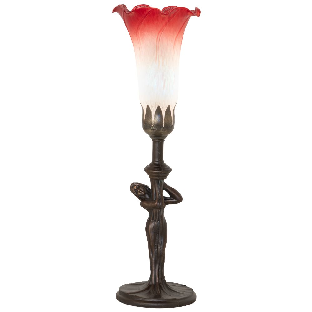 Meyda Lighting 259388 15" High Red/White Tiffany Pond Lily Nouveau Lady Accent Lamp in Mahogany Bronze
