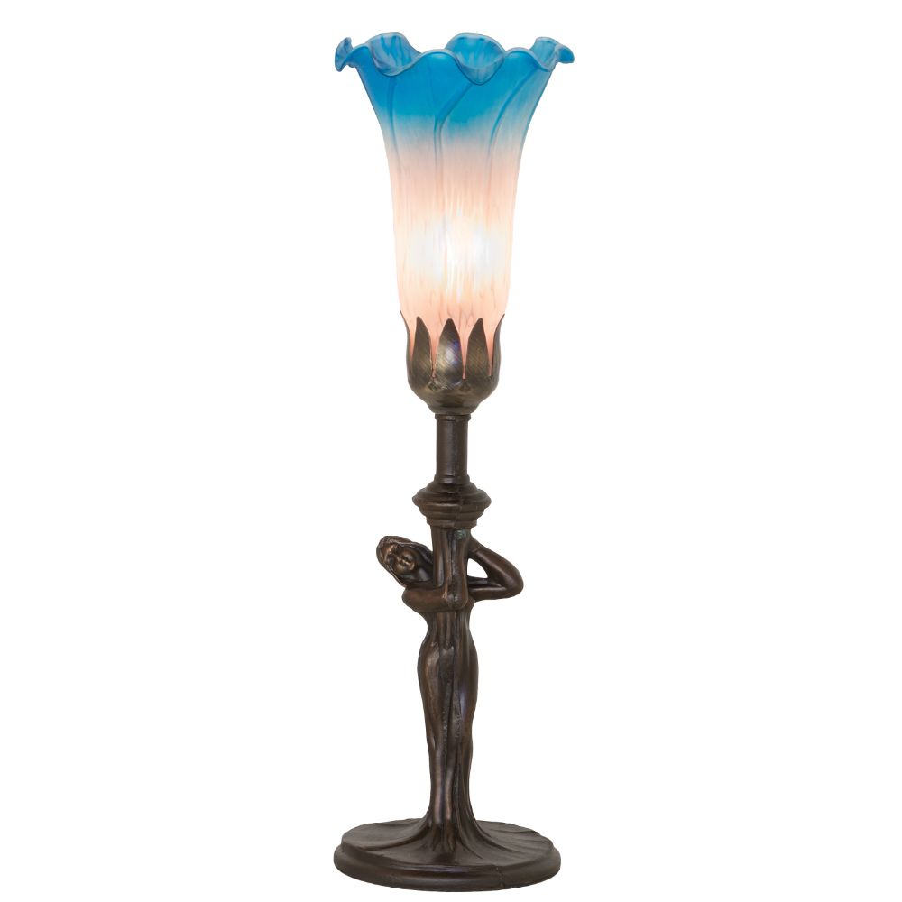Meyda Lighting 259390 15" High Pink/Blue Tiffany Pond Lily Nouveau Lady Accent Lamp in Mahogany Bronze