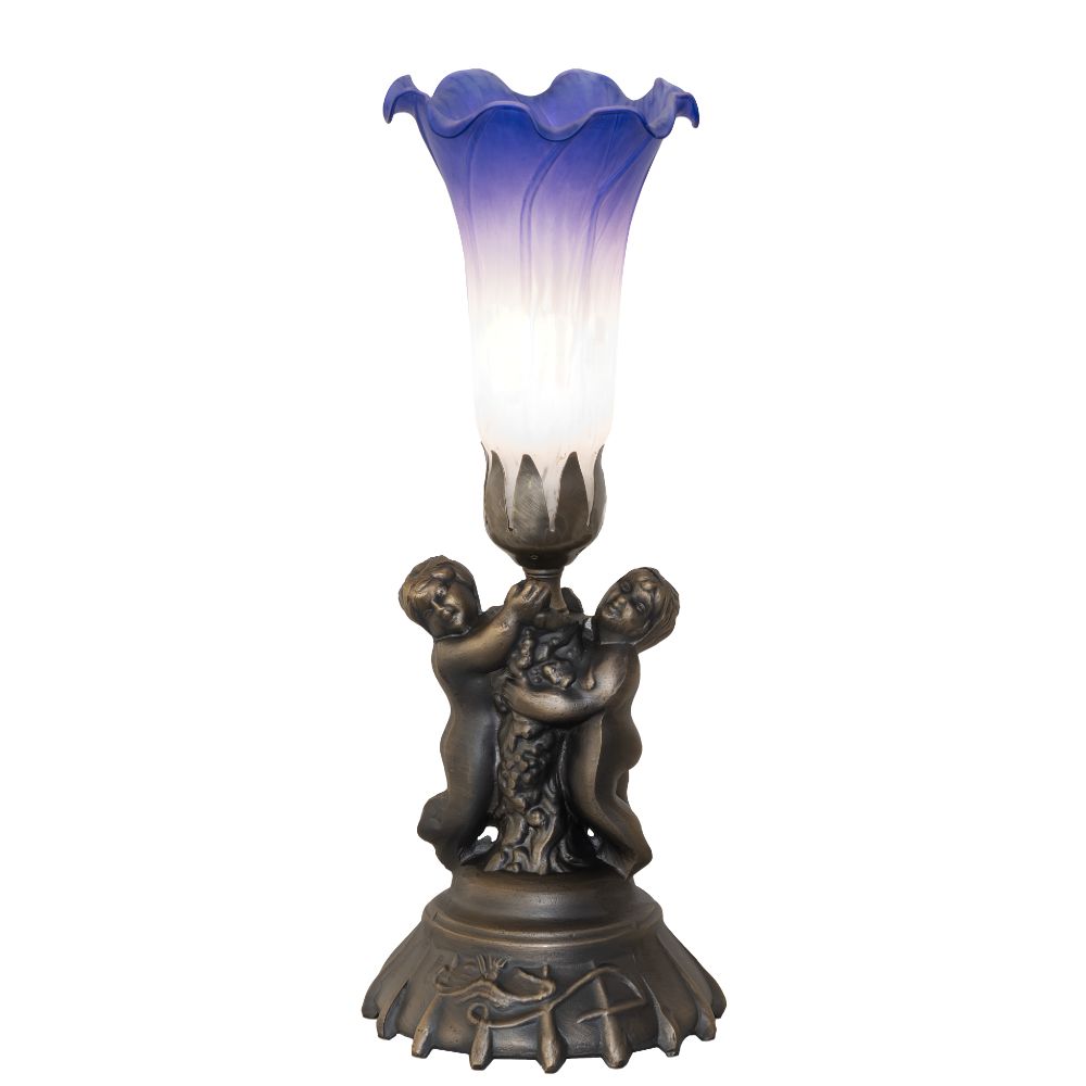 Meyda Lighting 260438 13" High Blue/White Tiffany Pond Lily Twin Cherub Accent Lamp in Antique Brass