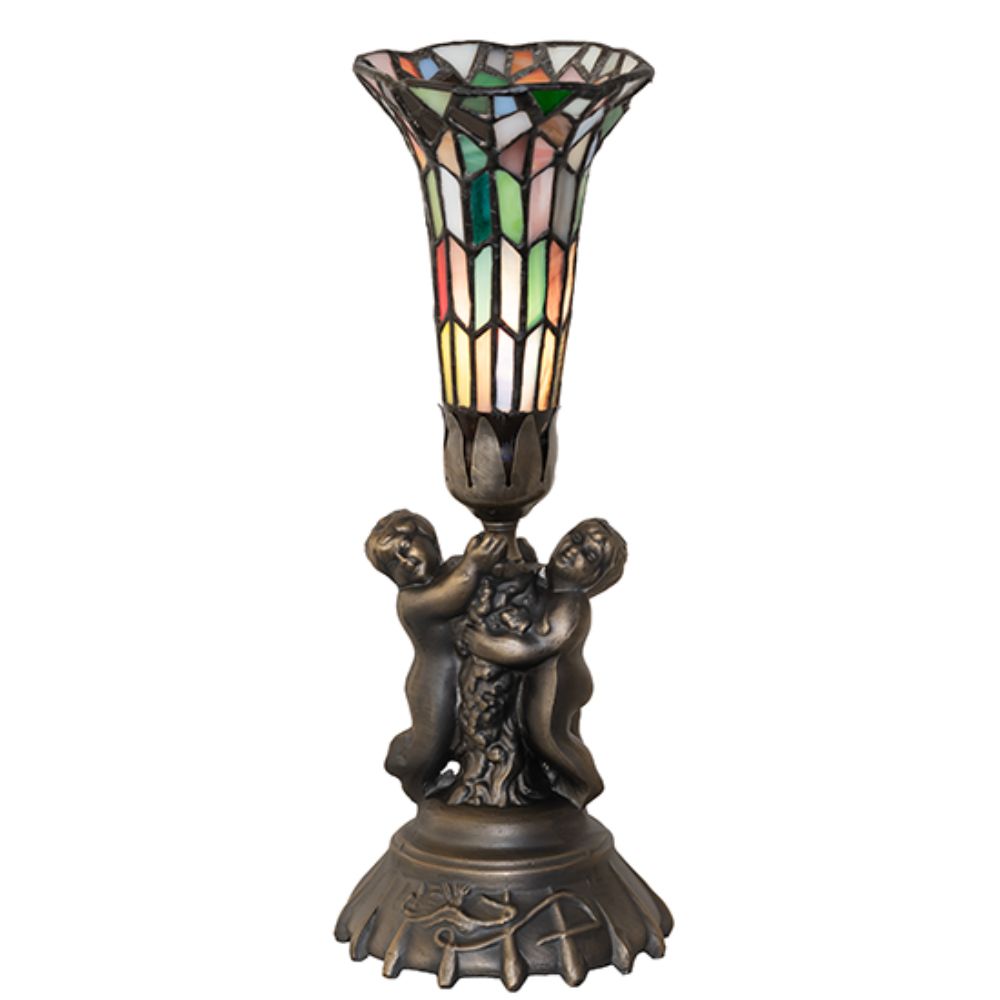 Meyda Lighting 260439 13" High Stained Glass Pond Lily Twin Cherub Accent Lamp in Antique Brass