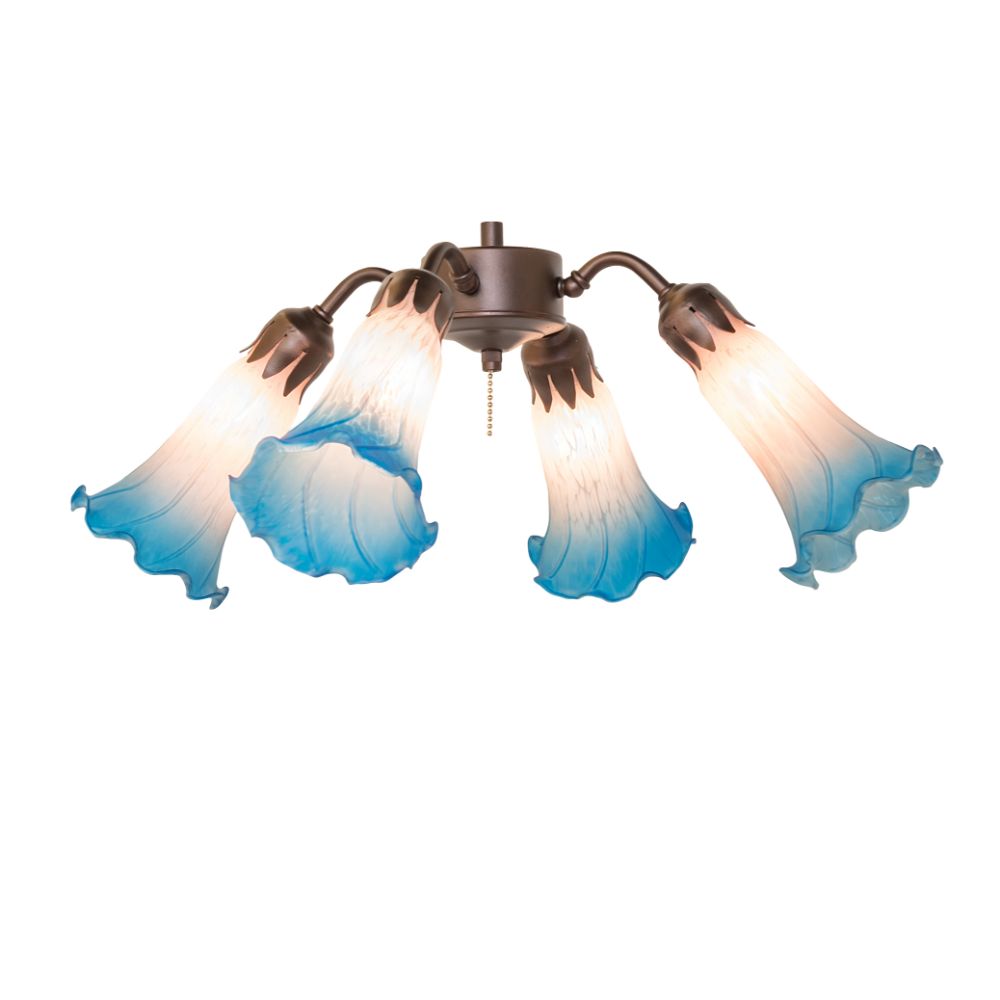 Meyda Lighting 261508 19" Wide Pink/Blue Tiffany Pond Lily 4 Light Fan Light in Mahogany Bronze