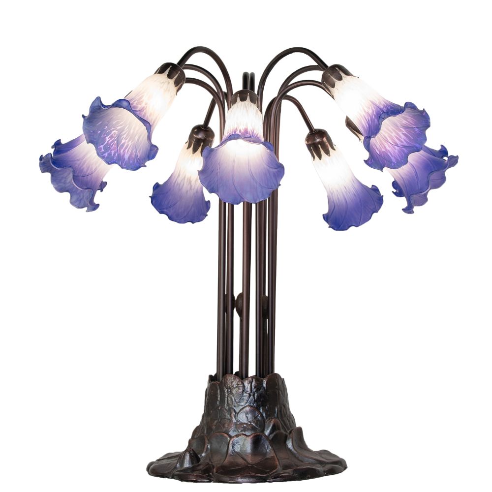 Meyda Lighting 261674 24" High Blue/White Tiffany Pond Lily 10 Light Table Lamp in Mahogany Bronze