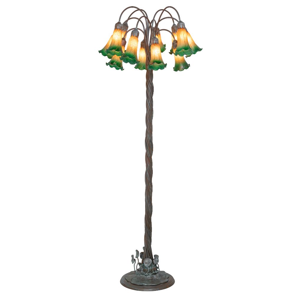 Meyda Lighting 262111 61" High Amber/Green Tiffany Pond Lily 12 Light Floor Lamp in Bronze Finish