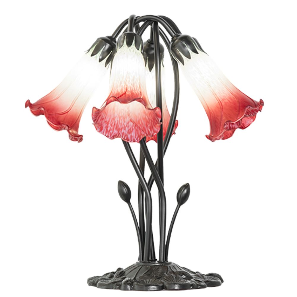 Meyda Lighting 262214 16" High Red/Seafoam Tiffany Pond Lily 5 Light Table Lamp in Mahogany Bronze