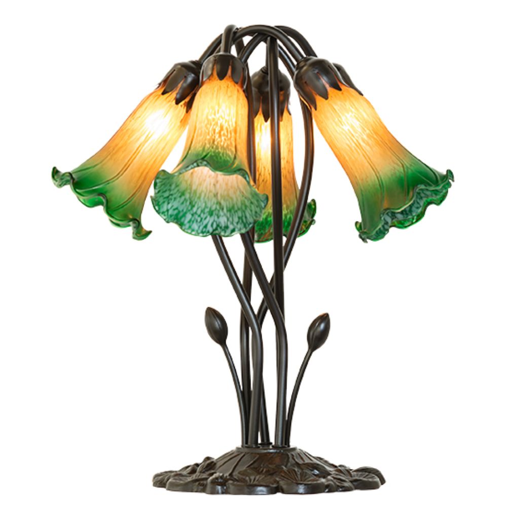 Meyda Lighting 262215 16" High Amber/Green Tiffany Pond Lily 5 Light Table Lamp in Mahogany Bronze
