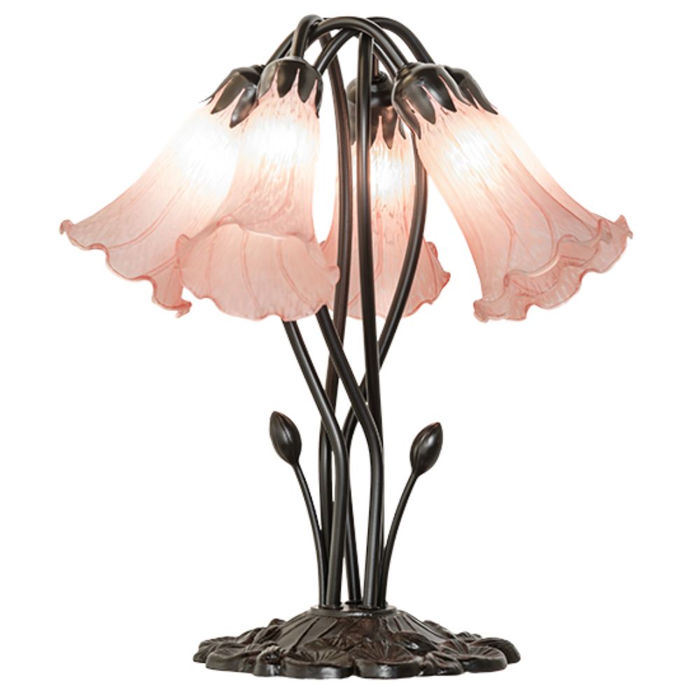 Meyda Lighting 262216 16" High Pink Tiffany Pond Lily 5 Light Table Lamp in Mahogany Bronze