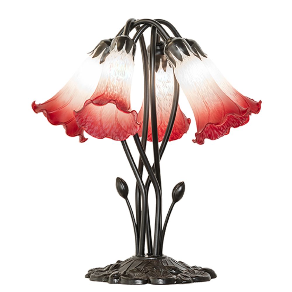 Meyda Lighting 262217 16" High Pink/White Tiffany Pond Lily 5 Light Table Lamp in Mahogany Bronze
