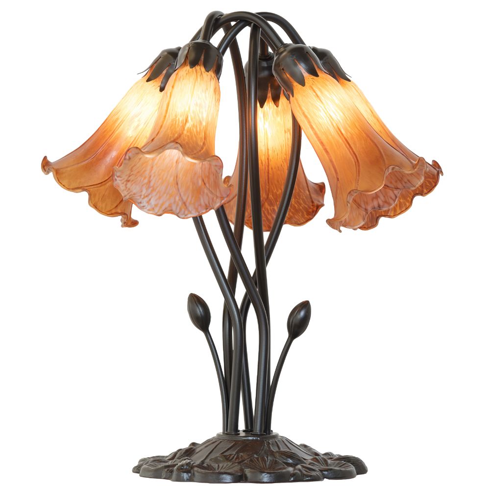 Meyda Lighting 262218 16" High Amber Tiffany Pond Lily 5 Light Table Lamp in Mahogany Bronze