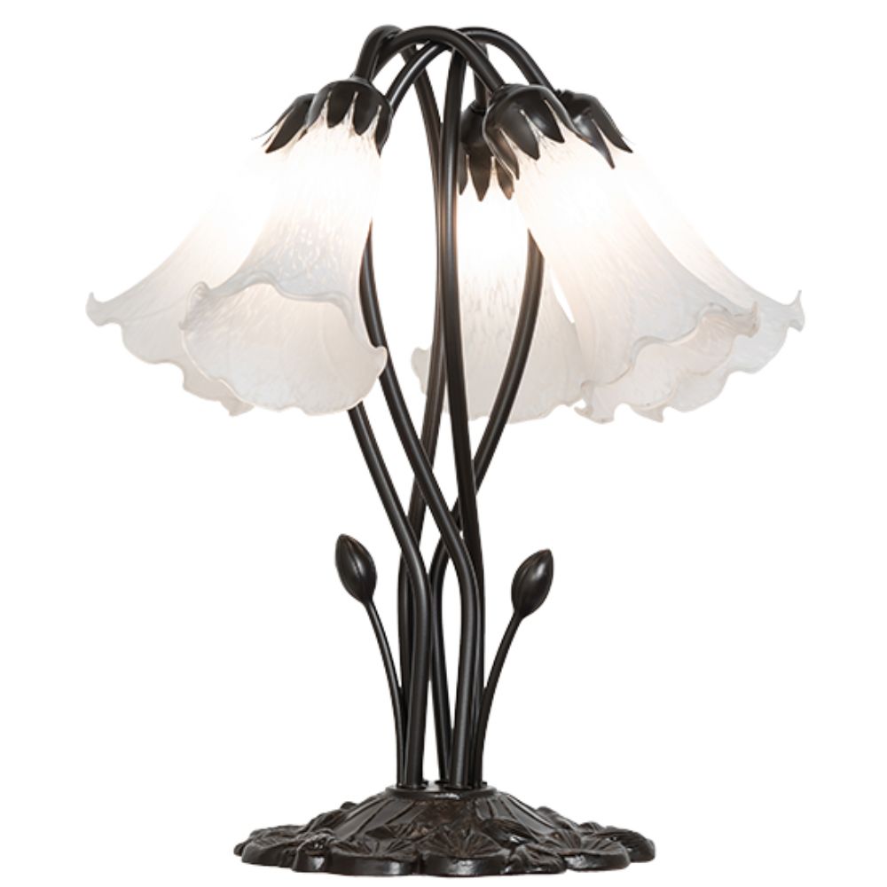 Meyda Lighting 262220 16" High White Tiffany Pond Lily 5 Light Table Lamp in Mahogany Bronze