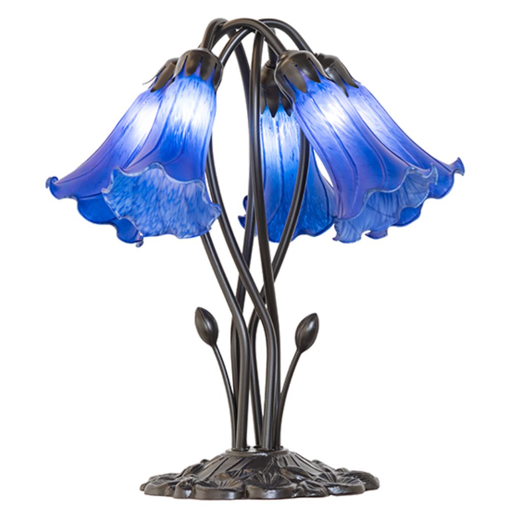 Meyda Lighting 262221 16" High Blue Tiffany Pond Lily 5 Light Table Lamp in Mahogany Bronze