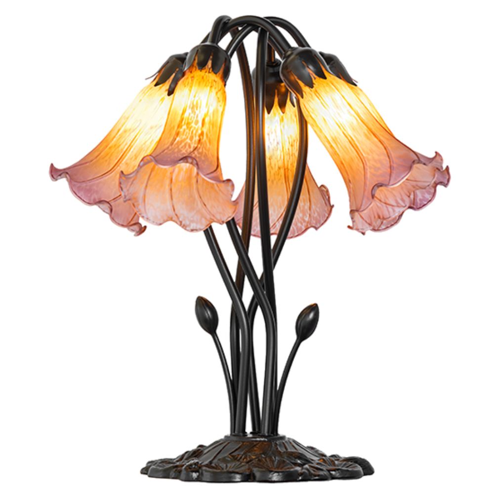 Meyda Lighting 262222 16" High Amber/Purple Tiffany Pond Lily 5 Light Table Lamp in Mahogany Bronze