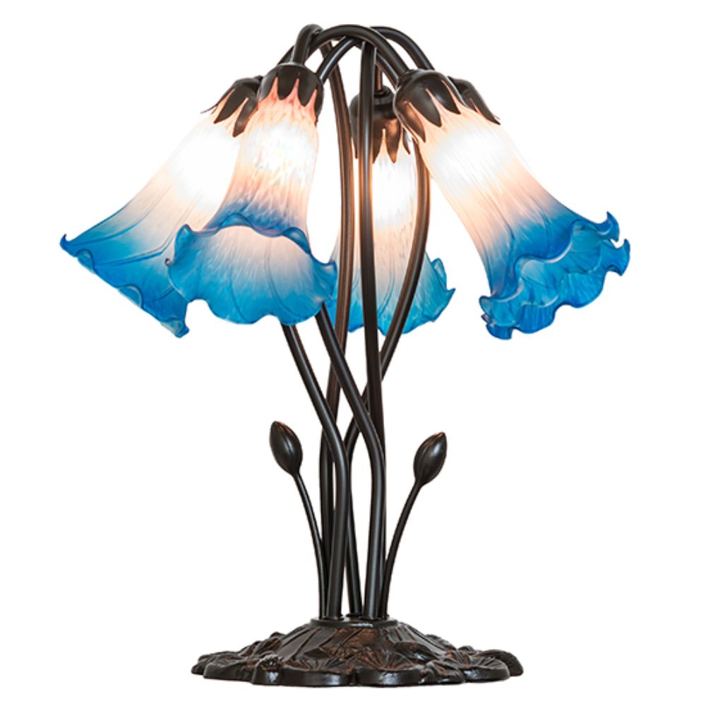 Meyda Lighting 262223 16" High Blue/Pink Tiffany Pond Lily 5 Light Table Lamp in Mahogany Bronze