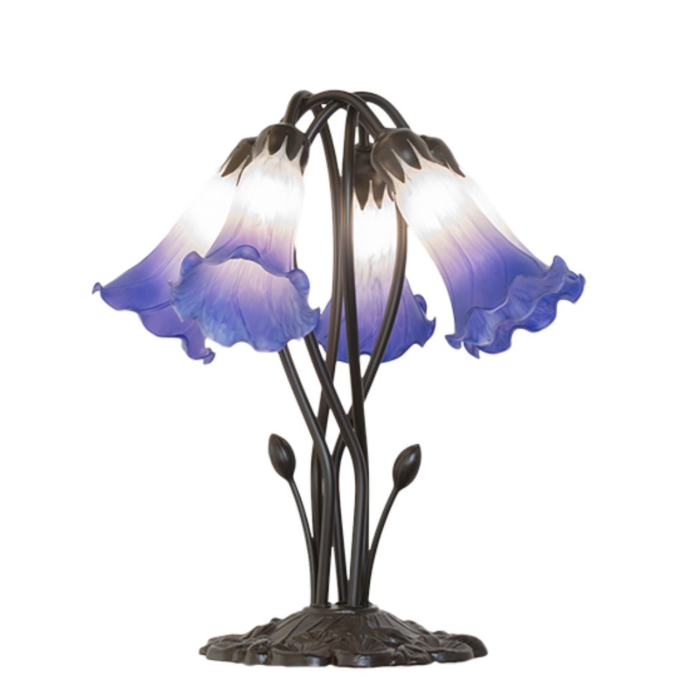 Meyda Lighting 262235 16" High Blue/White Tiffany Pond Lily 5 Light Table Lamp in Mahogany Bronze