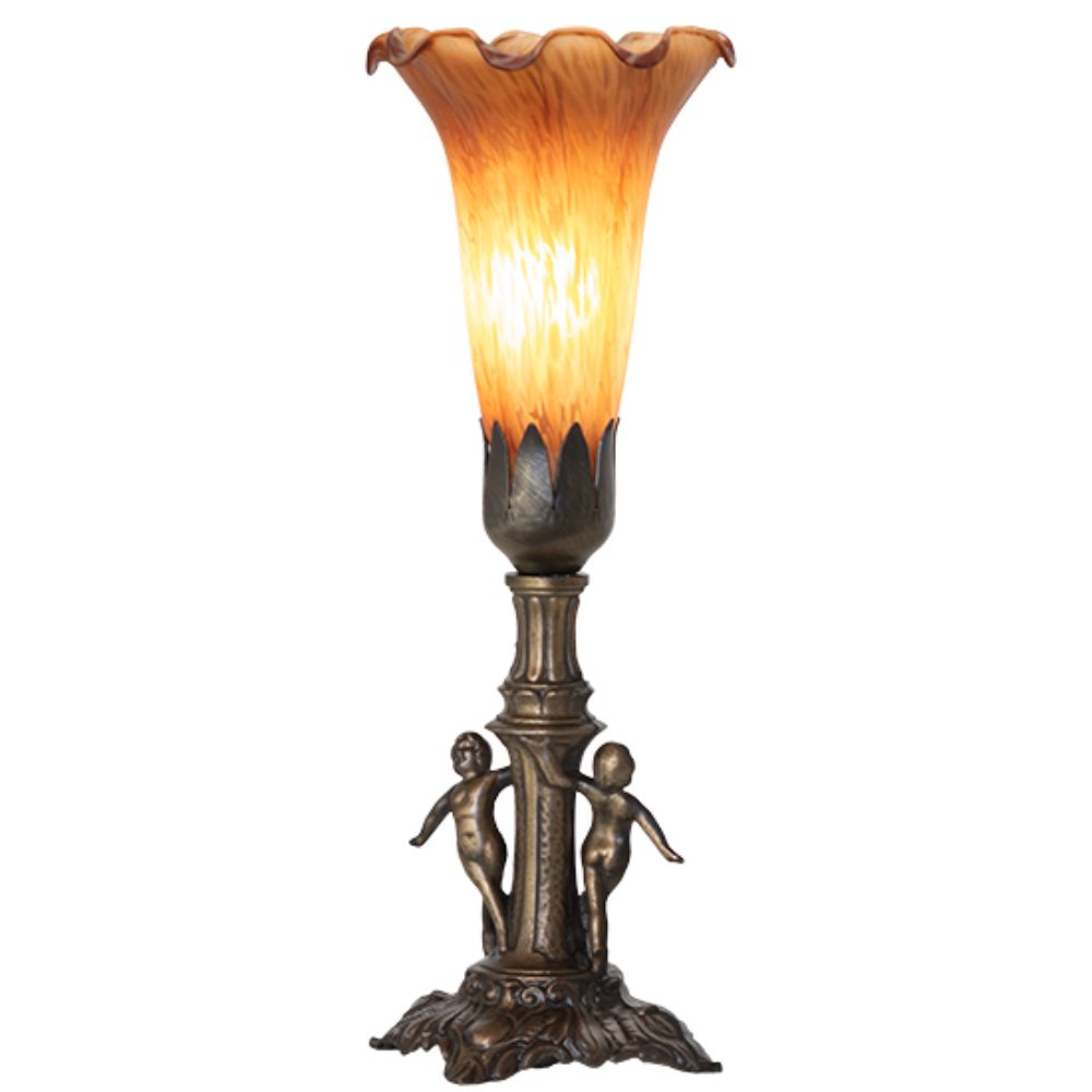 Meyda Lighting 262933 11" High Amber Tiffany Pond Lily Maidens Mini Lamp in Antique Brass