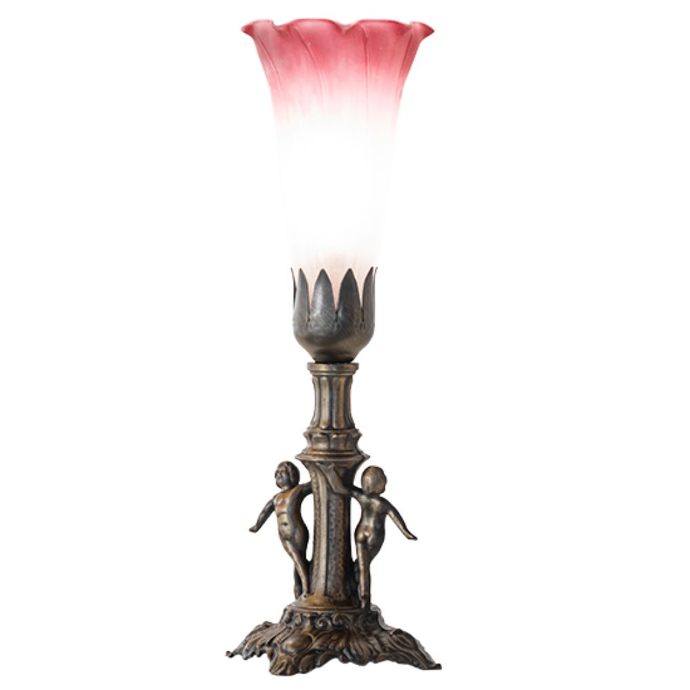 Meyda Lighting 262934 11" High Pink/White Tiffany Pond Lily Maidens Mini Lamp in Antique Brass