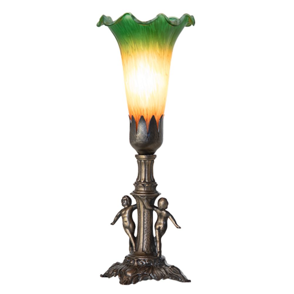 Meyda Lighting 262935 11" High Amber/Green Tiffany Pond Lily Maidens Mini Lamp in Antique Brass