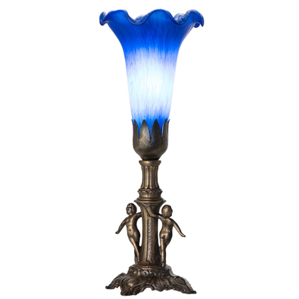 Meyda Lighting 262936 11" High Blue Tiffany Pond Lily Maidens Mini Lamp in Antique Brass
