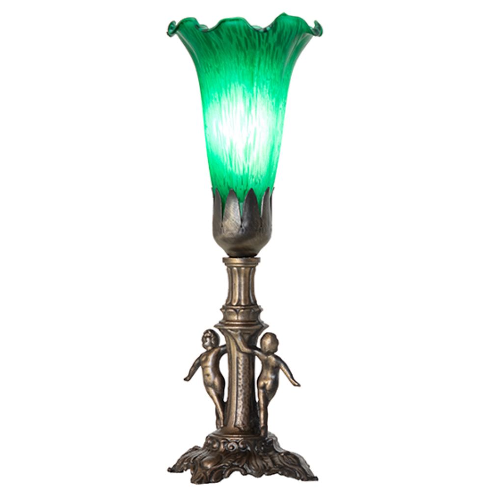 Meyda Lighting 262938 11" High Green Tiffany Pond Lily Maidens Mini Lamp in Antique Brass